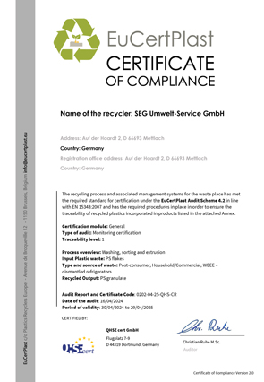 EuCertPlast Certificate of Compliance